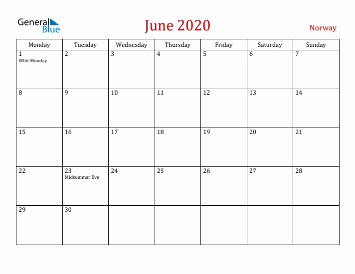 Norway June 2020 Calendar - Monday Start