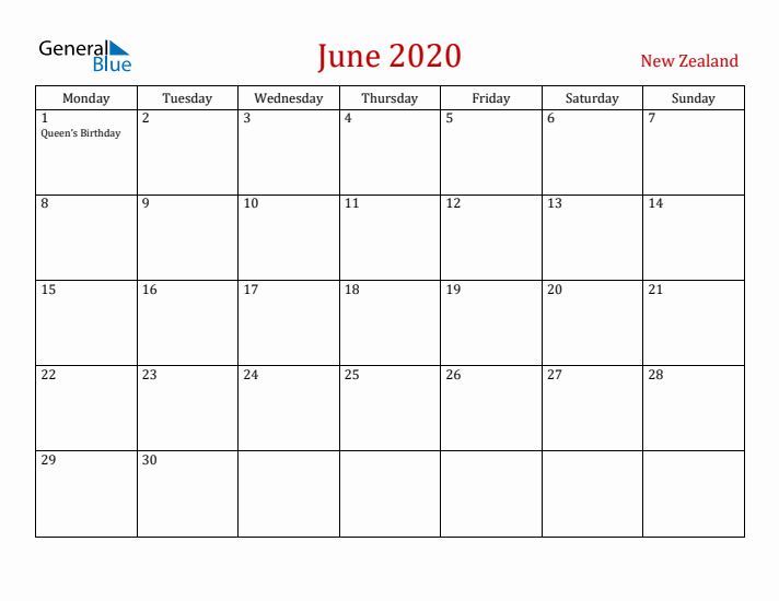 New Zealand June 2020 Calendar - Monday Start