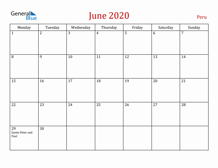 Peru June 2020 Calendar - Monday Start