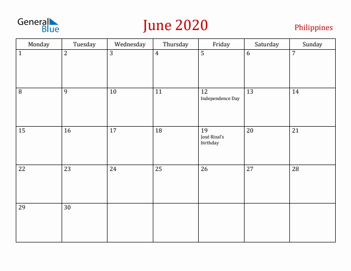 Philippines June 2020 Calendar - Monday Start