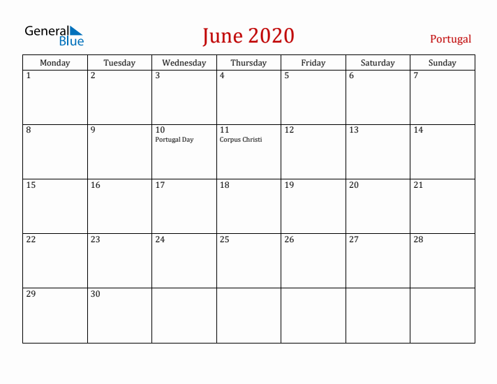 Portugal June 2020 Calendar - Monday Start