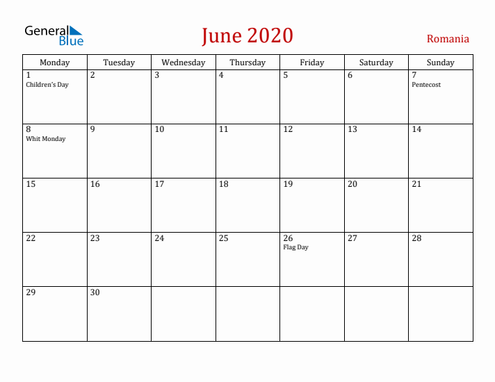 Romania June 2020 Calendar - Monday Start