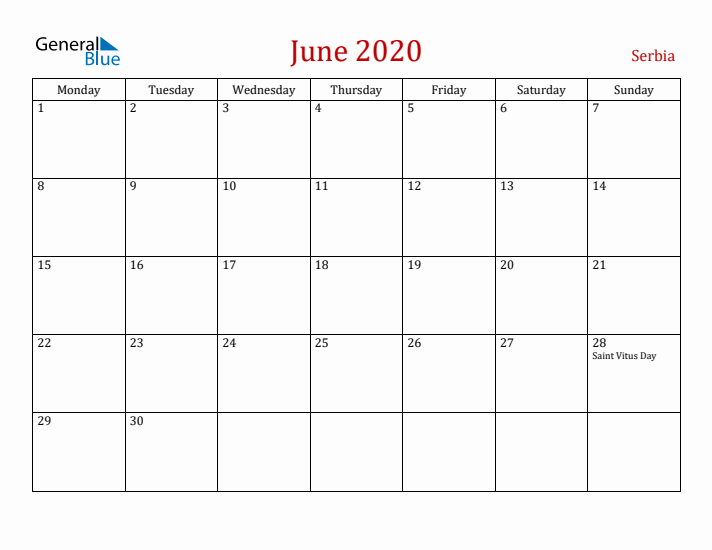 Serbia June 2020 Calendar - Monday Start