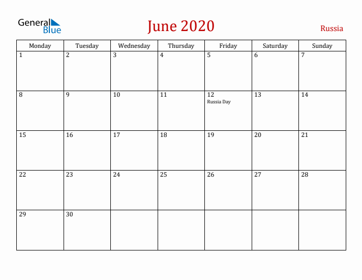 Russia June 2020 Calendar - Monday Start