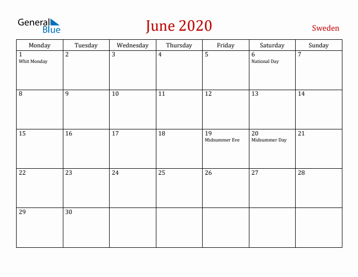 Sweden June 2020 Calendar - Monday Start