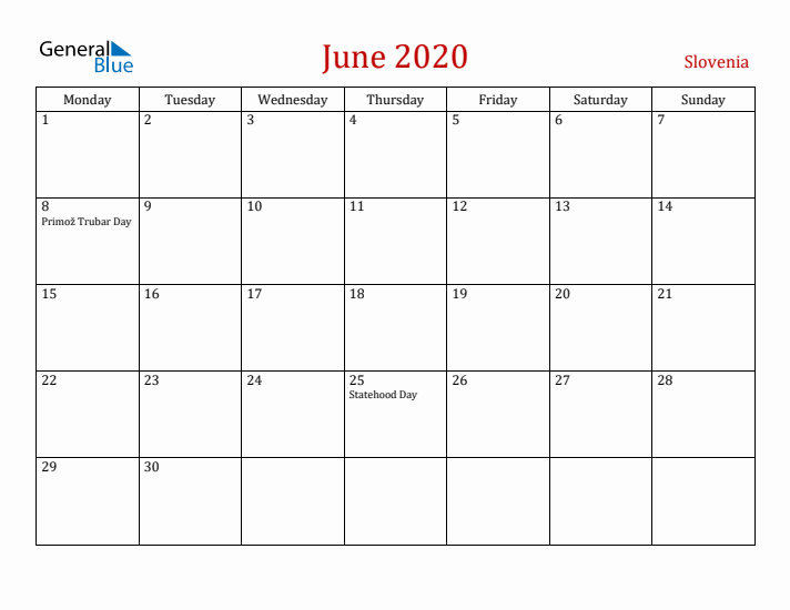 Slovenia June 2020 Calendar - Monday Start