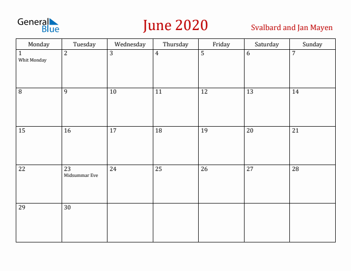 Svalbard and Jan Mayen June 2020 Calendar - Monday Start