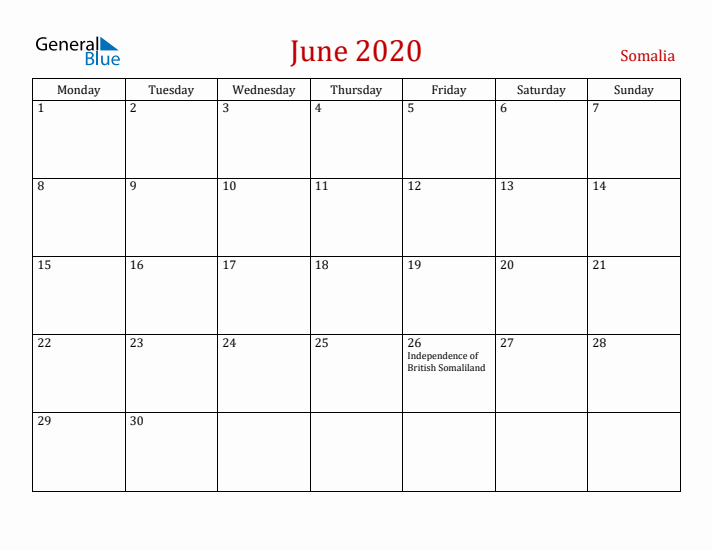 Somalia June 2020 Calendar - Monday Start