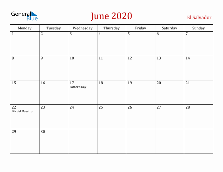 El Salvador June 2020 Calendar - Monday Start