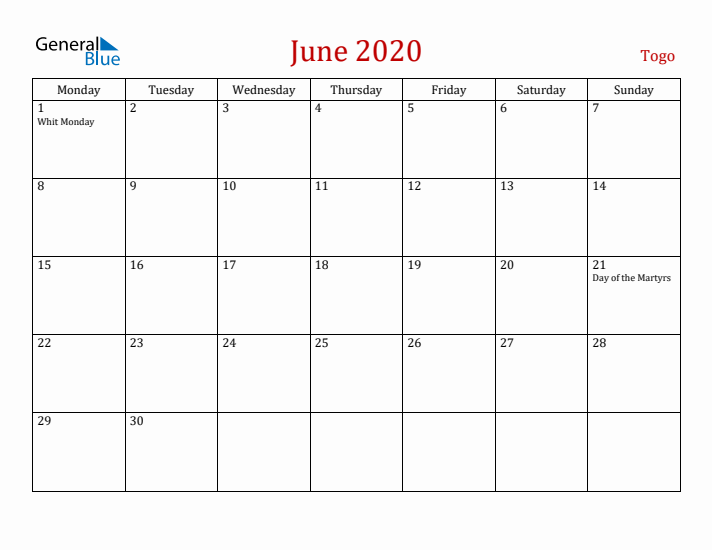 Togo June 2020 Calendar - Monday Start
