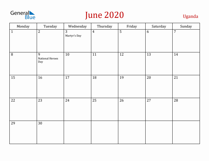 Uganda June 2020 Calendar - Monday Start