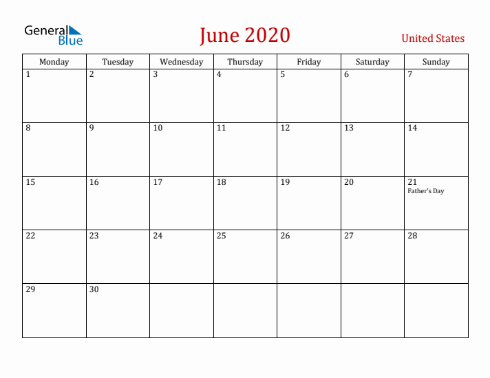 United States June 2020 Calendar - Monday Start