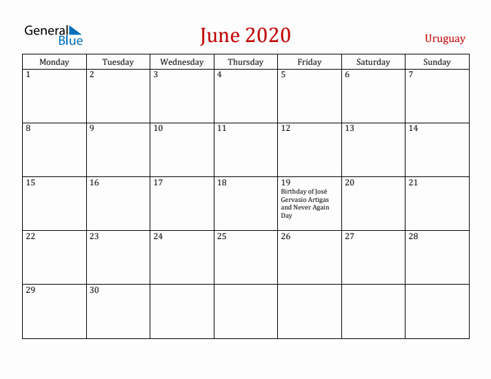 Uruguay June 2020 Calendar - Monday Start