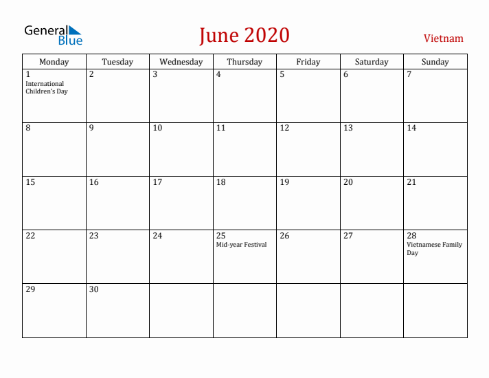 Vietnam June 2020 Calendar - Monday Start