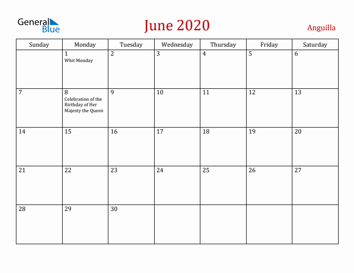 Anguilla June 2020 Calendar - Sunday Start