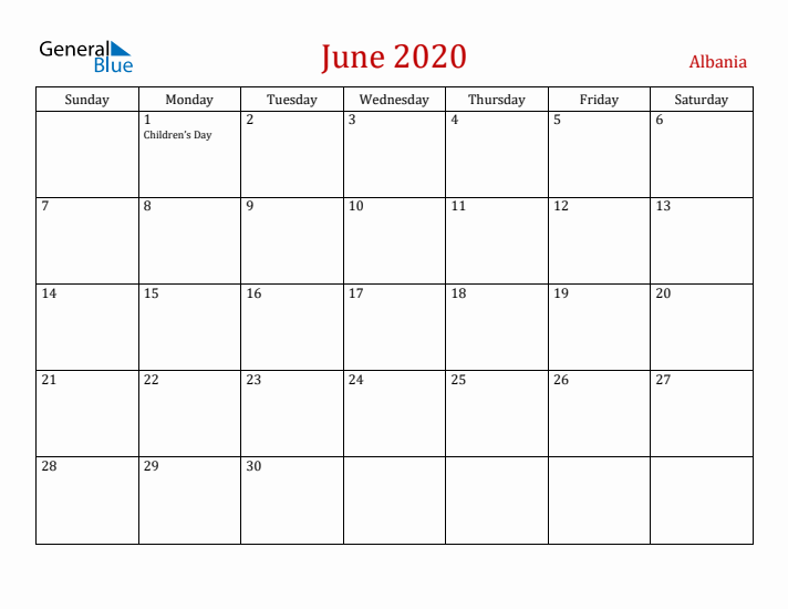 Albania June 2020 Calendar - Sunday Start