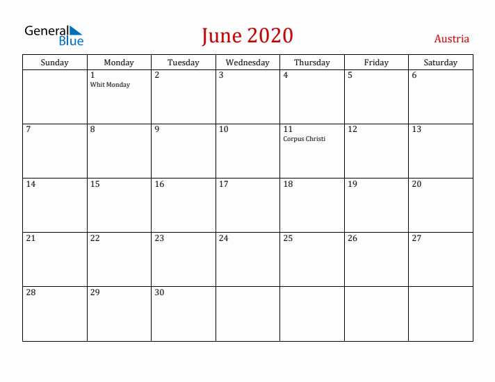 Austria June 2020 Calendar - Sunday Start