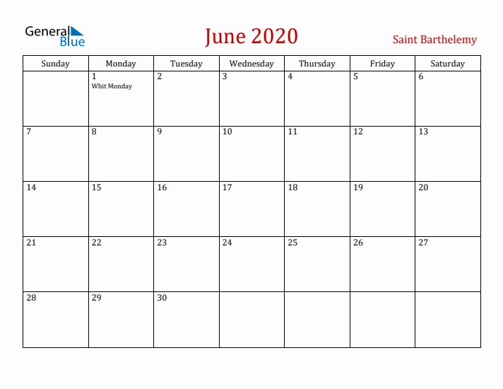 Saint Barthelemy June 2020 Calendar - Sunday Start