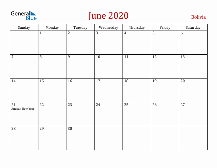 Bolivia June 2020 Calendar - Sunday Start