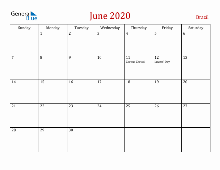 Brazil June 2020 Calendar - Sunday Start