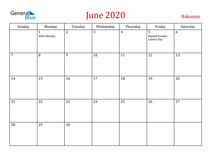 Bahamas June 2020 Calendar - Sunday Start