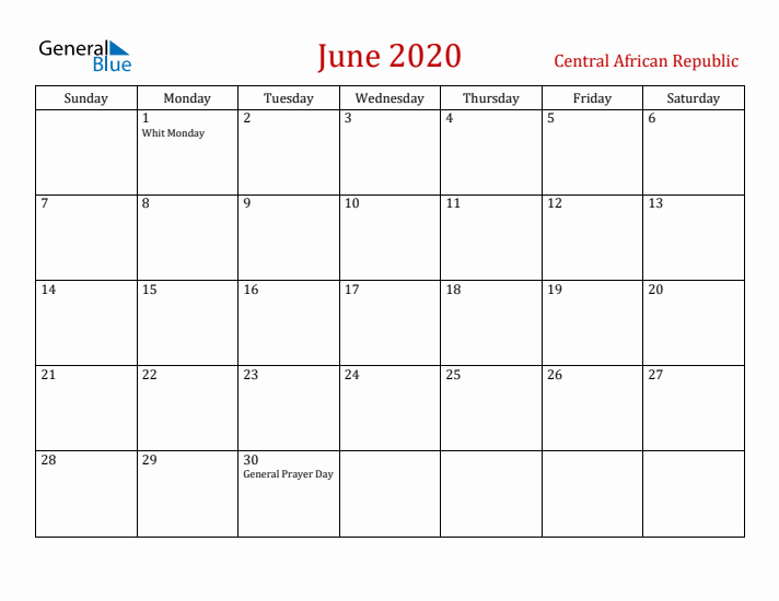 Central African Republic June 2020 Calendar - Sunday Start
