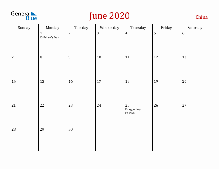 China June 2020 Calendar - Sunday Start