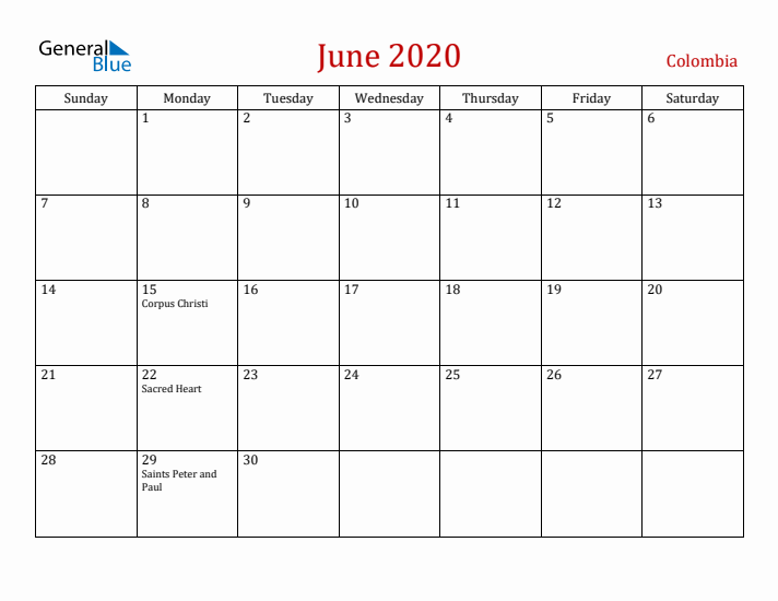 Colombia June 2020 Calendar - Sunday Start