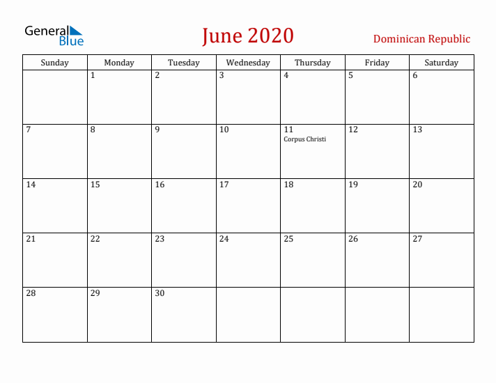 Dominican Republic June 2020 Calendar - Sunday Start