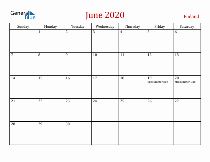 Finland June 2020 Calendar - Sunday Start
