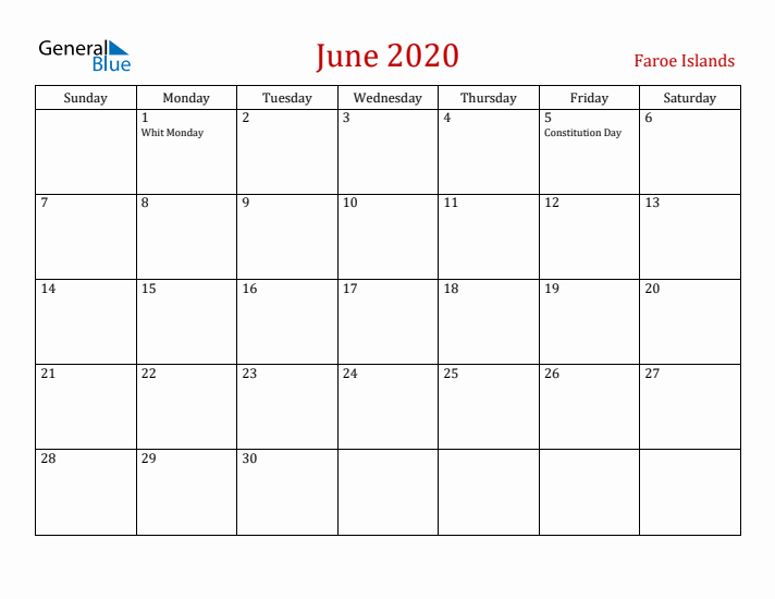 Faroe Islands June 2020 Calendar - Sunday Start