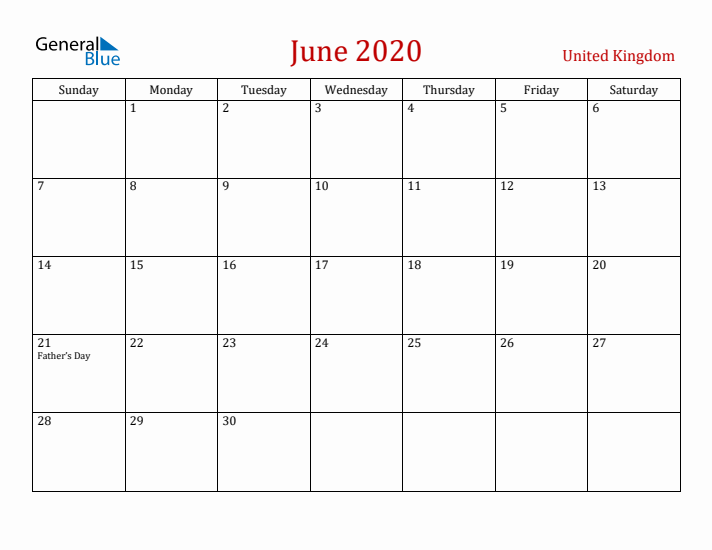 United Kingdom June 2020 Calendar - Sunday Start