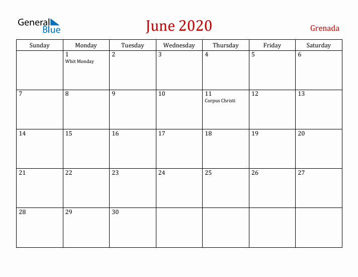 Grenada June 2020 Calendar - Sunday Start