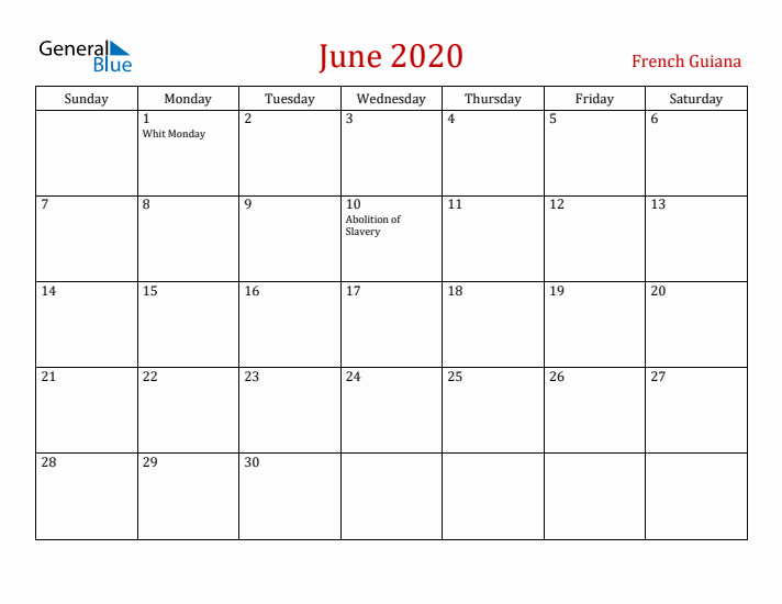 French Guiana June 2020 Calendar - Sunday Start