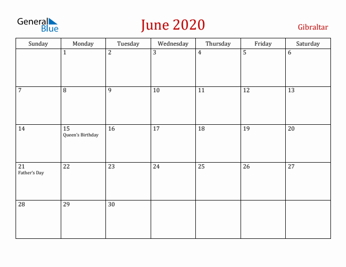 Gibraltar June 2020 Calendar - Sunday Start