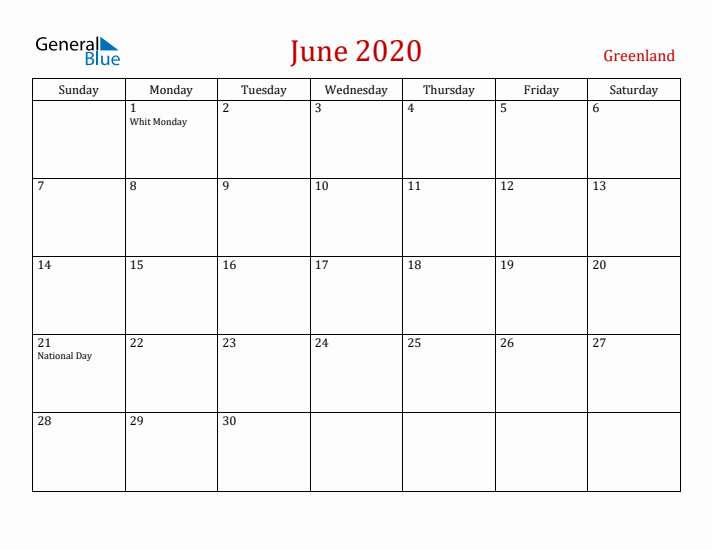 Greenland June 2020 Calendar - Sunday Start