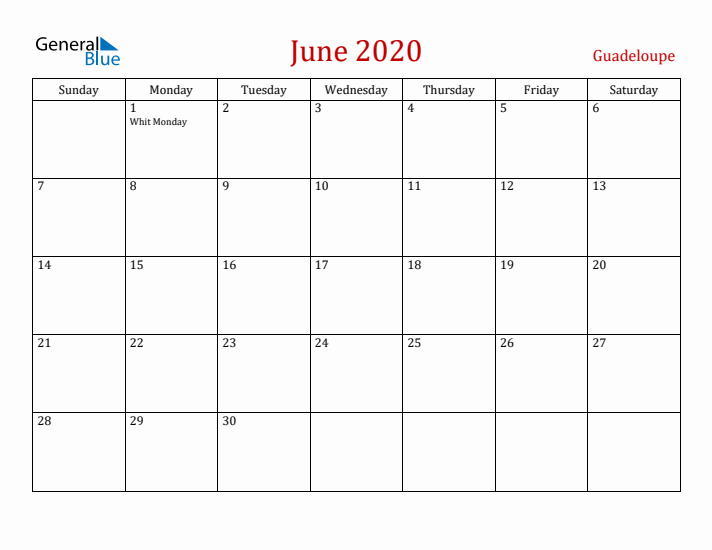 Guadeloupe June 2020 Calendar - Sunday Start