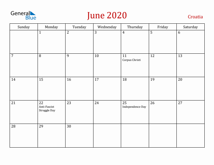 Croatia June 2020 Calendar - Sunday Start