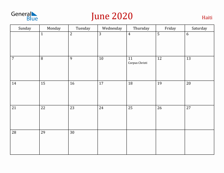 Haiti June 2020 Calendar - Sunday Start