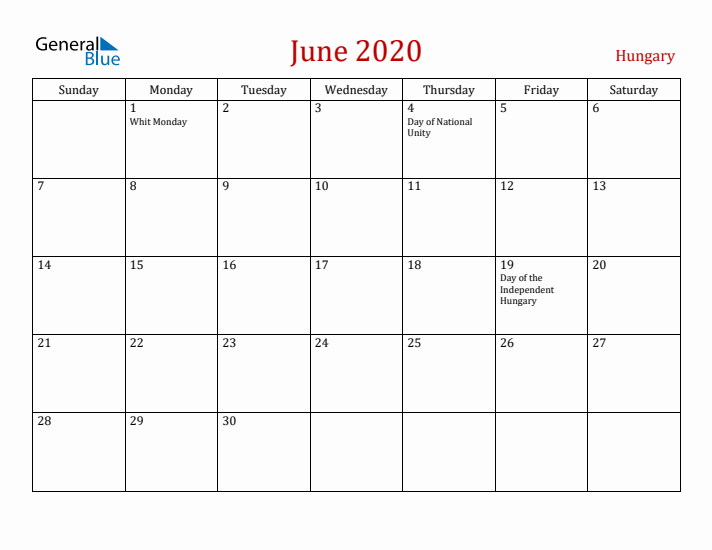 Hungary June 2020 Calendar - Sunday Start