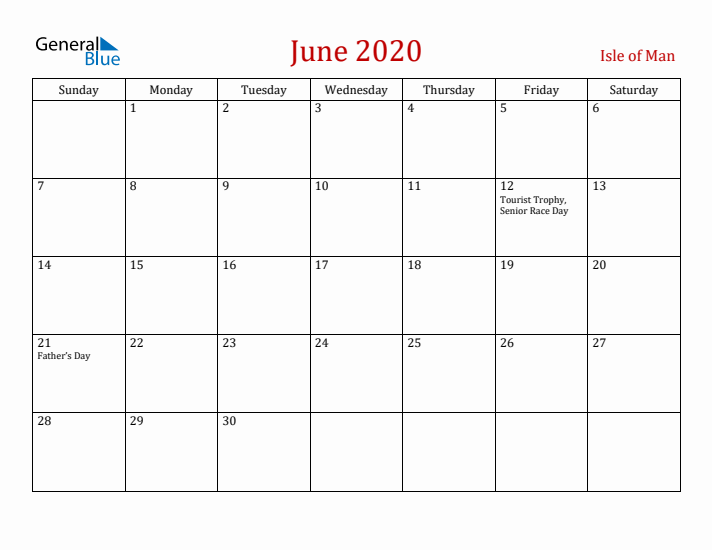 Isle of Man June 2020 Calendar - Sunday Start