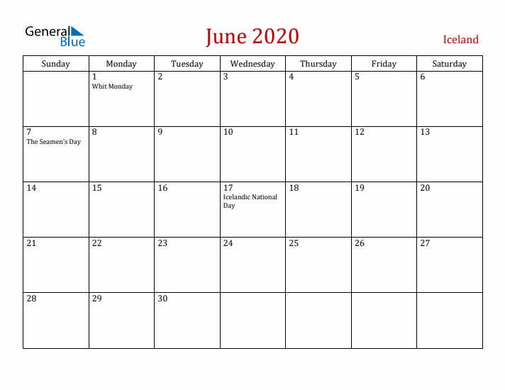 Iceland June 2020 Calendar - Sunday Start