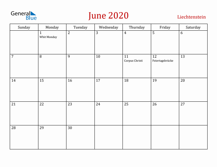 Liechtenstein June 2020 Calendar - Sunday Start