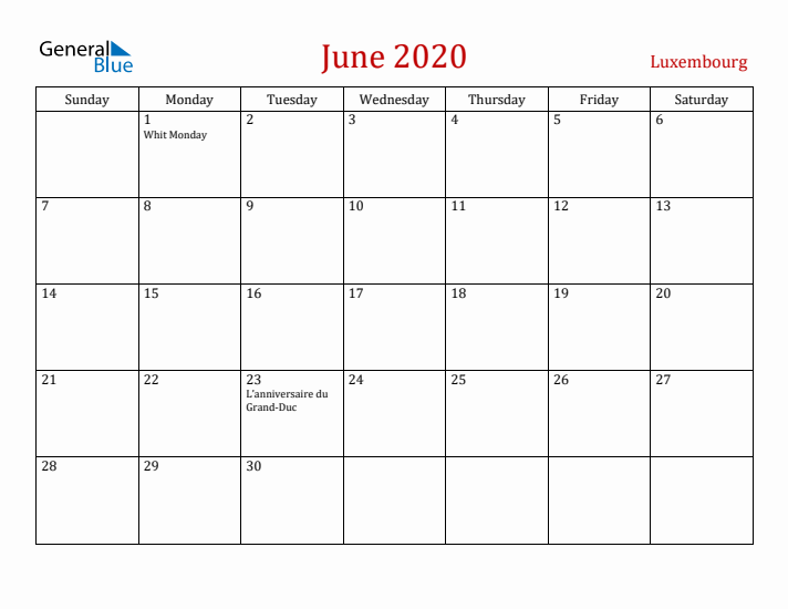 Luxembourg June 2020 Calendar - Sunday Start