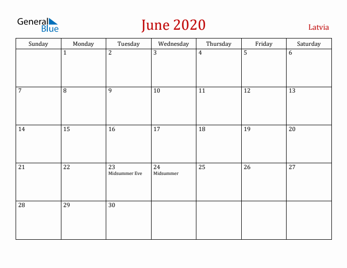 Latvia June 2020 Calendar - Sunday Start