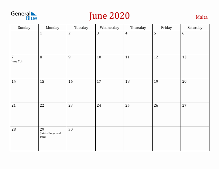 Malta June 2020 Calendar - Sunday Start