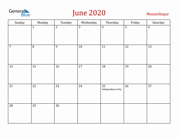 Mozambique June 2020 Calendar - Sunday Start
