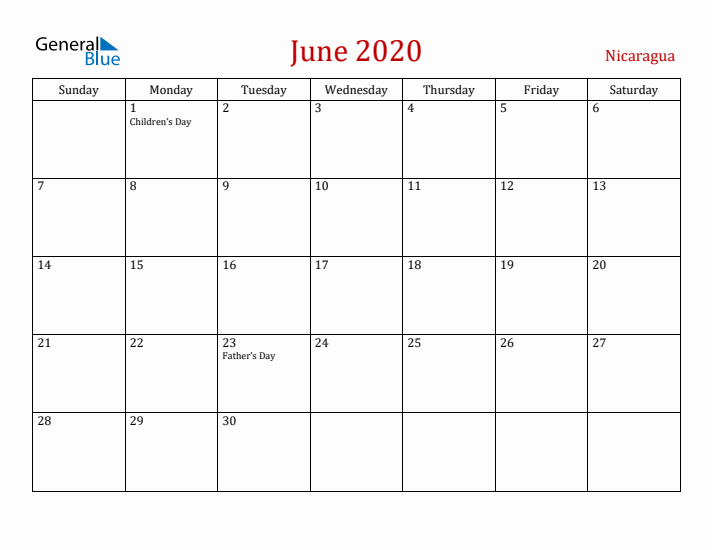 Nicaragua June 2020 Calendar - Sunday Start