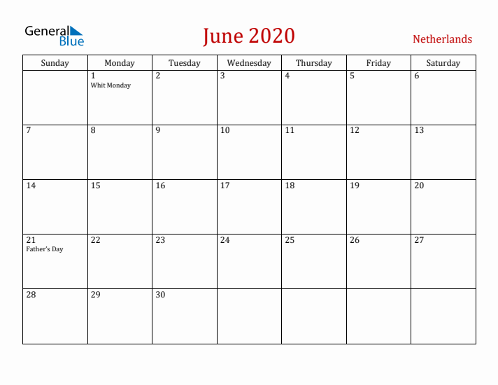 The Netherlands June 2020 Calendar - Sunday Start