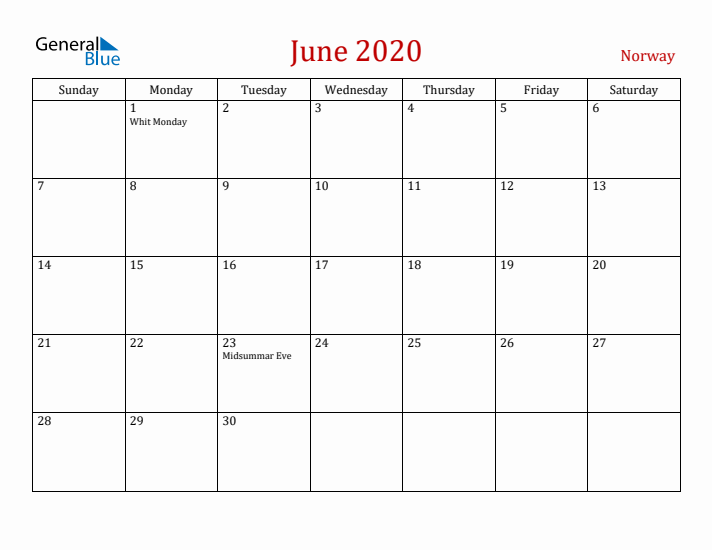 Norway June 2020 Calendar - Sunday Start